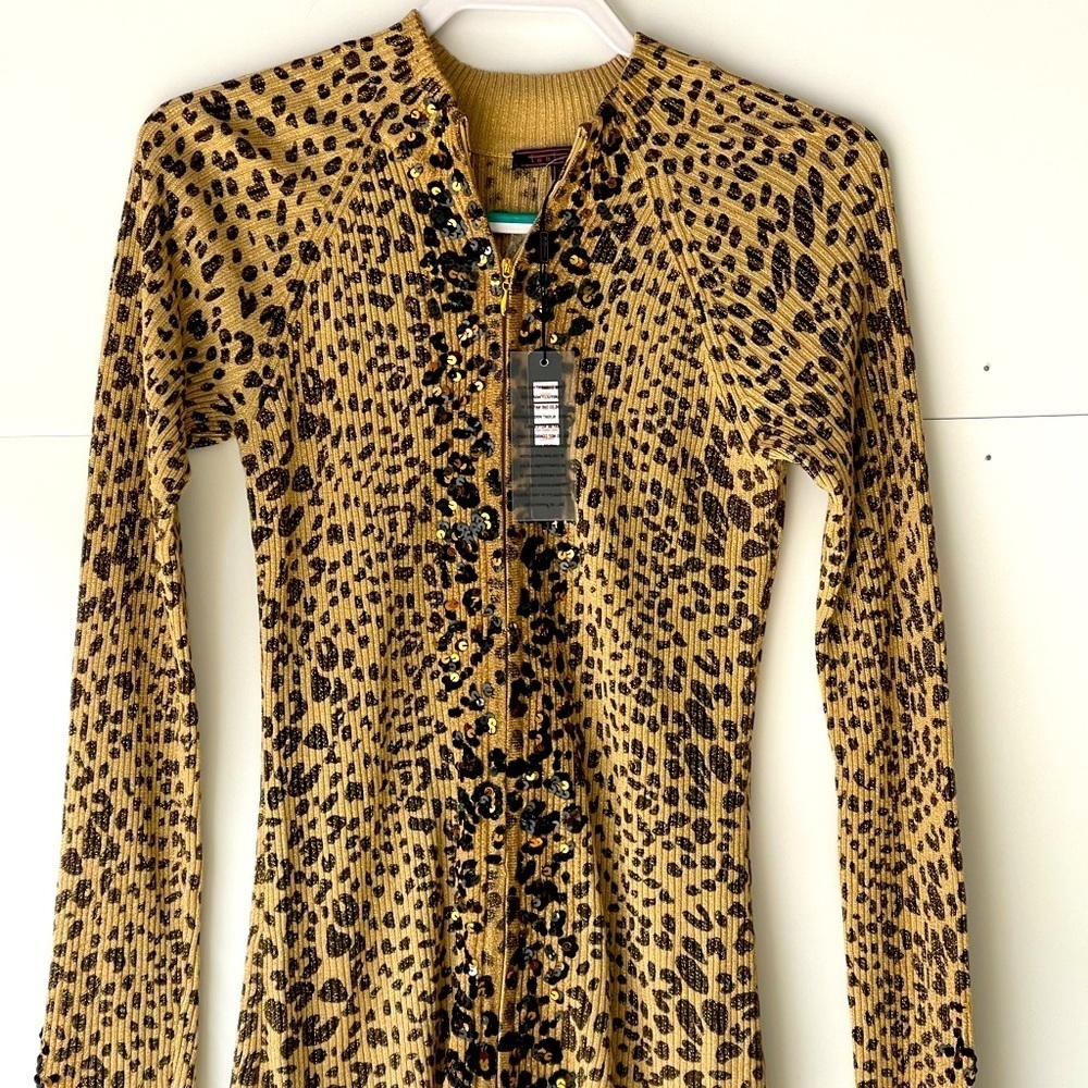 Fontana Leopard Sweater Cardigan Top Blouse Glitter Sequin Top, Sz L